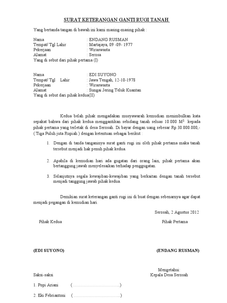Surat Keterangan Ganti Rugi Tanah
