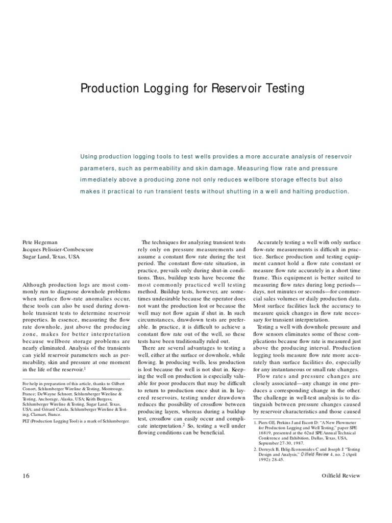 Production Logging for Reservoir Testing | PDF | Petroleum Reservoir ...