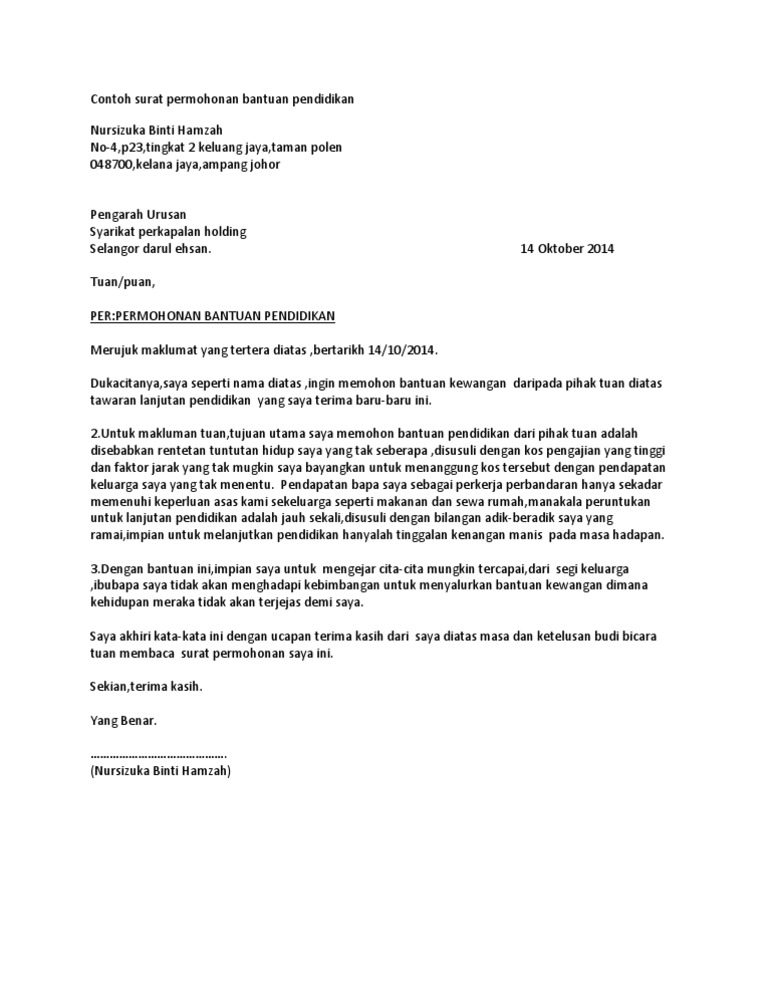 Contoh Surat Permohonan Bantuan Pendidikan Pdf