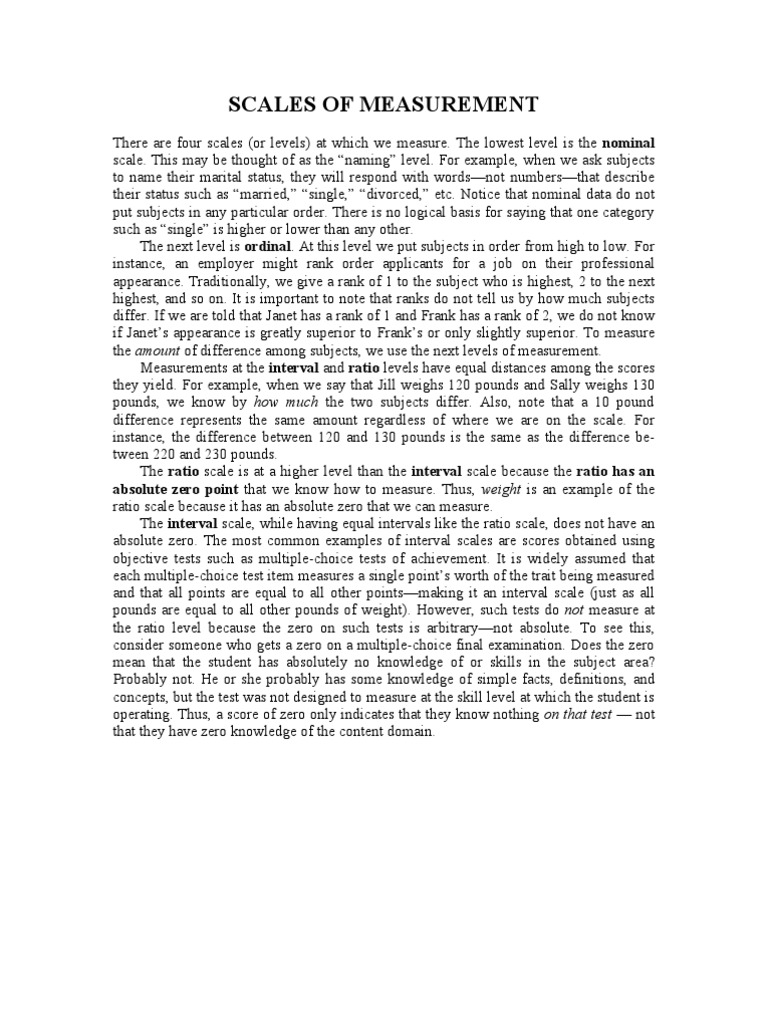 Scales of Measurement PDF Level Of Measurement Multiple Choice