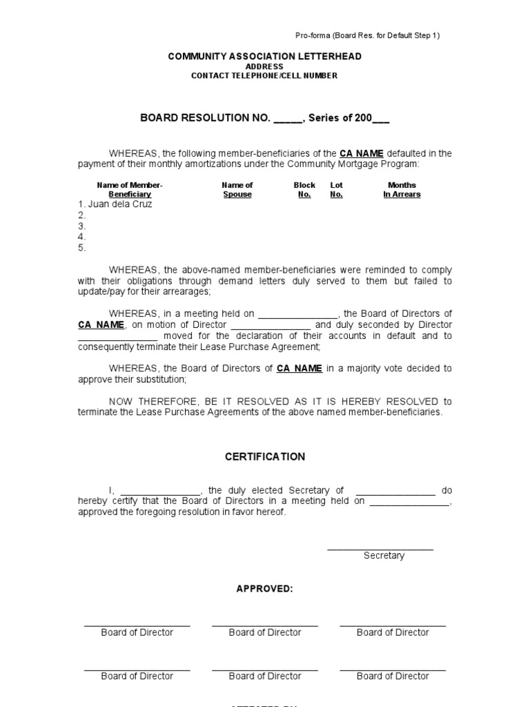 Board Resolution for Member Default | PDF