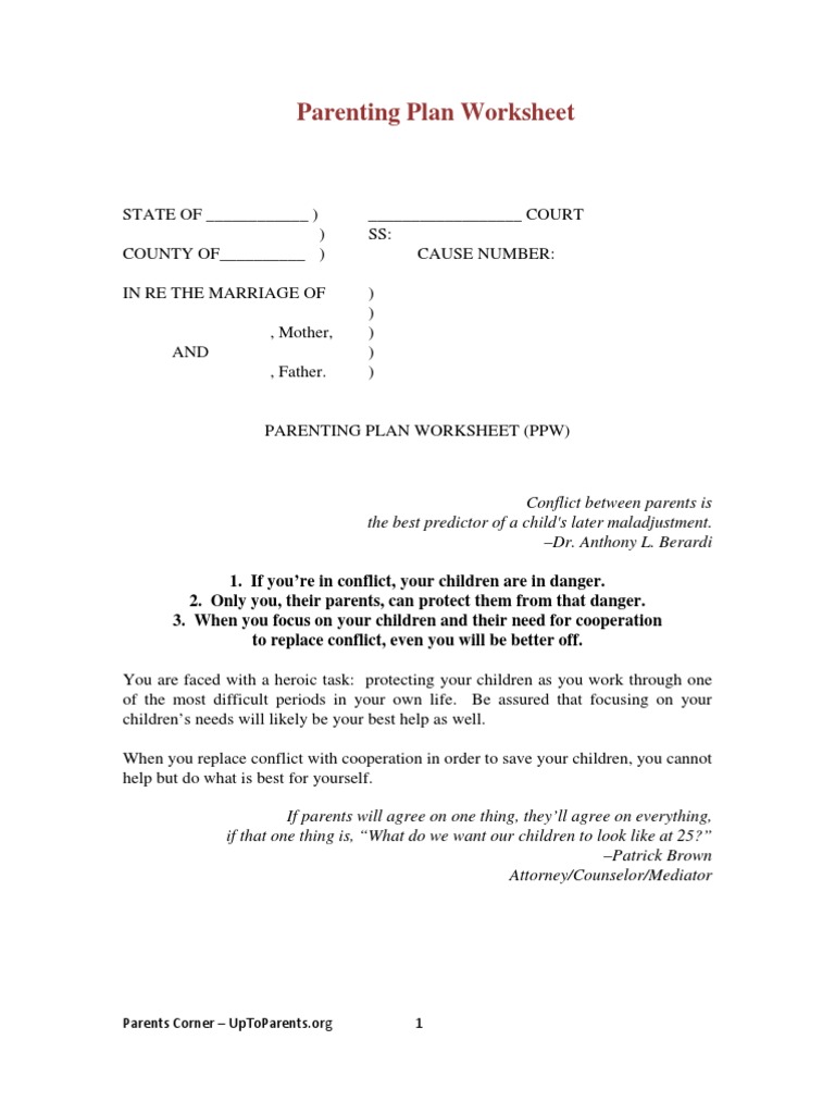 Parenting Plan Worksheet Ut Pparents | Child Custody | Social Institutions