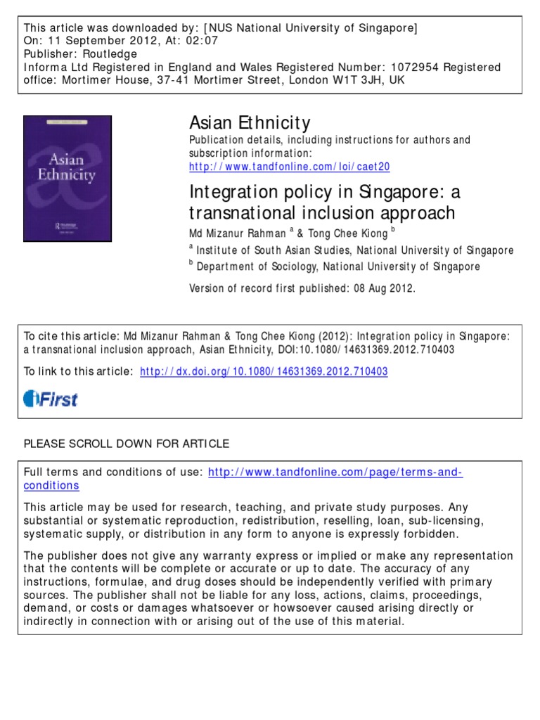 Immigrant Integration Policy in Singapore Transnational Inclusion