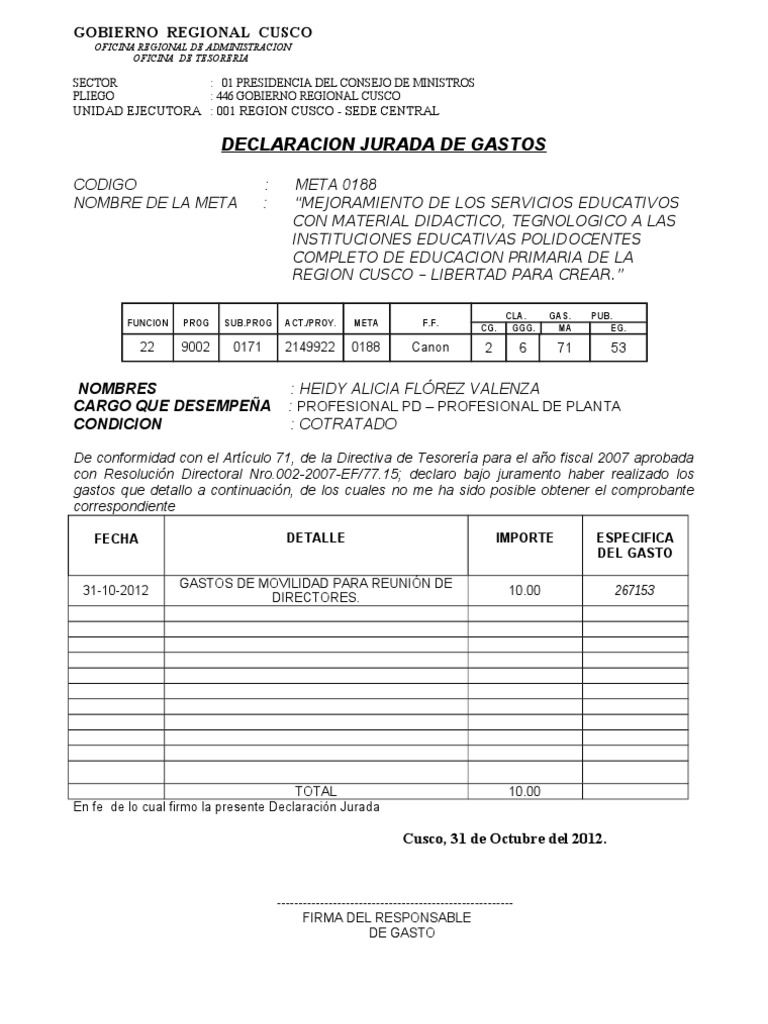 Declaración de Gastos Educativos Cusco | PDF