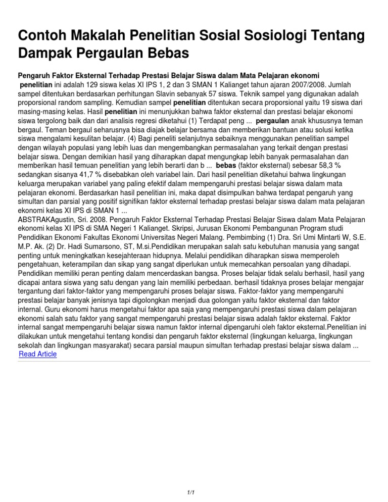Contoh Makalah Penelitian Sosial Sosiologi Tentang Dampak Pergaulan Bebas