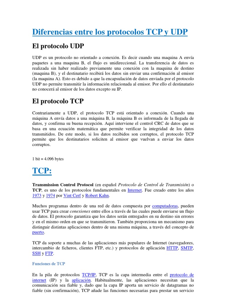Diferencias Entre Protocolos TCP y UDP PDF | PDF | Protocolo de Control ...