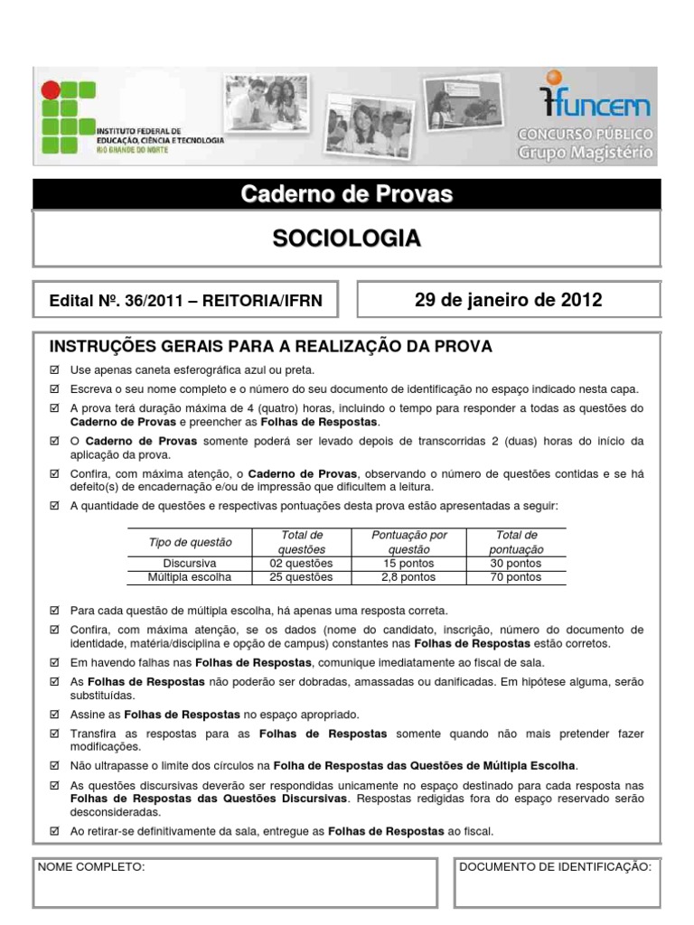 Prova de Sociologia - Ensino Médio | PDF | Sociologia | Émile Durkheim