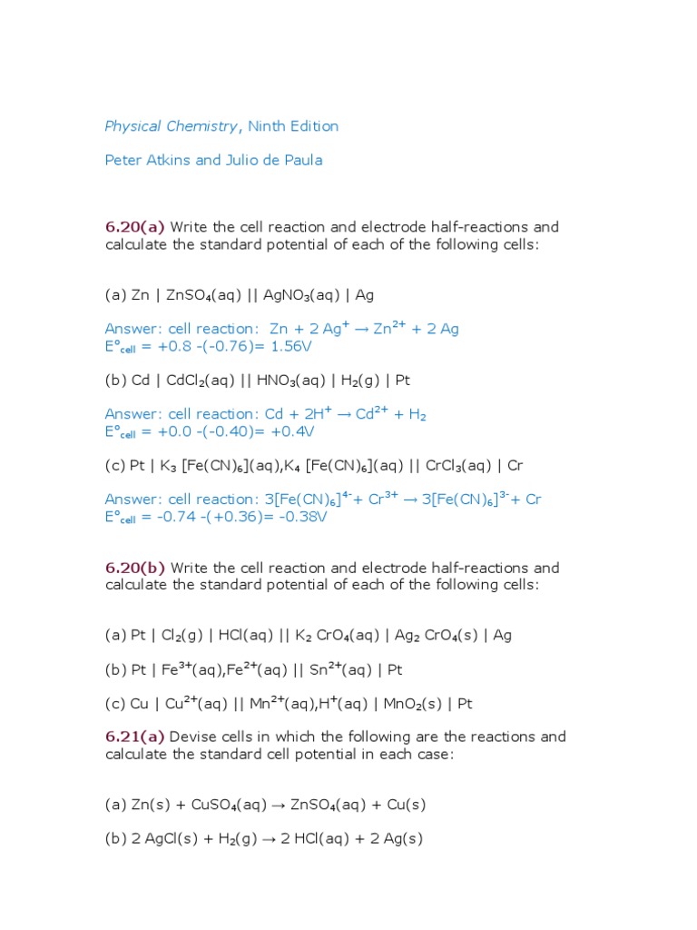 Exercises 1 Physical Chemistry Physical Sciences