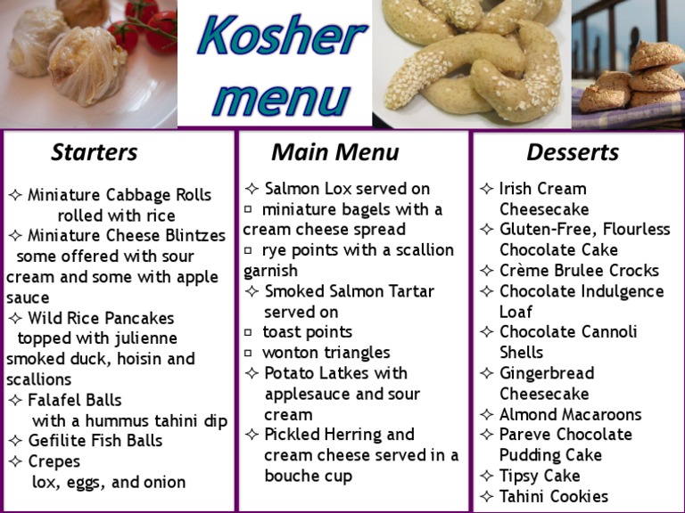Kosher Menu: Starters, Mains, Desserts | PDF | Cooking, Food & Wine