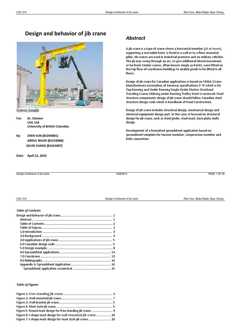 Analysis of Structural Design Considerations for Jib Cranes Based on
