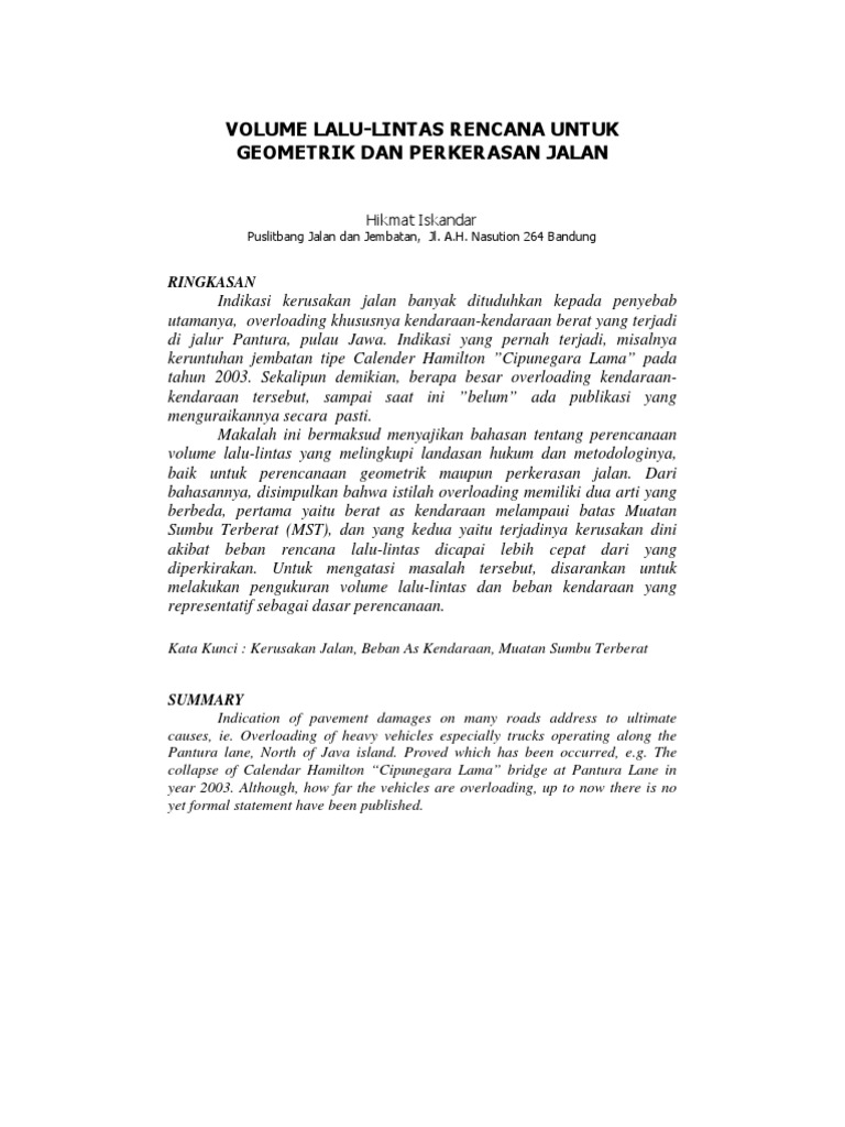 Jurnal Volume Lalu Lintas Untuk Perencanaan Geometri Dan Perkerasan Jalan