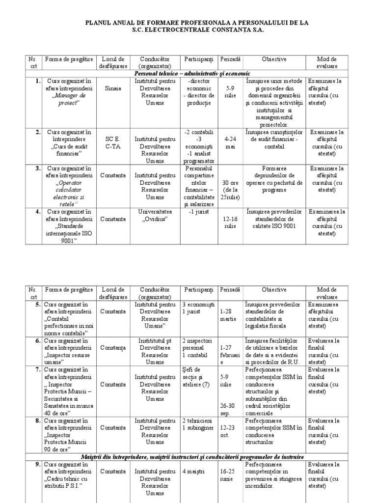 Model - Plan Anual de Formare Profesionala in Intreprindere | PDF