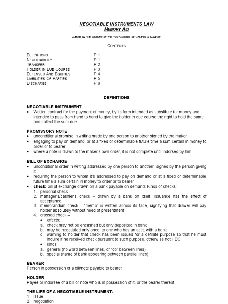 Negotiable Instruments Law Guide | PDF | Law