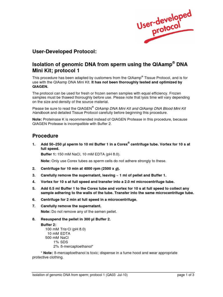 Isolation of Genomic DNA From Sperm Using The QIAamp® DNA Mini Kit Protocol 1 PDF Qiagen