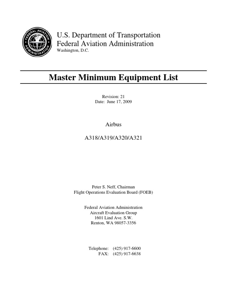 Master Minimum Equipment List U.S. Department of Transportation Federal Aviation Administration