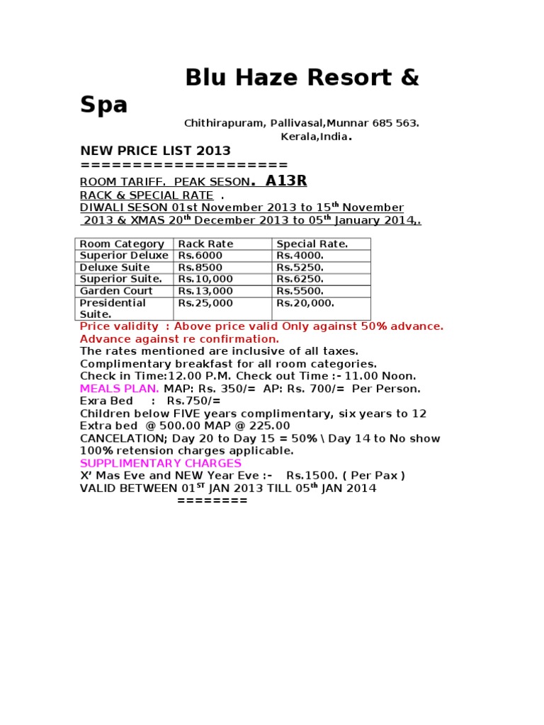 Blu Haze Resort & Spa: - New Price List 2013 | PDF