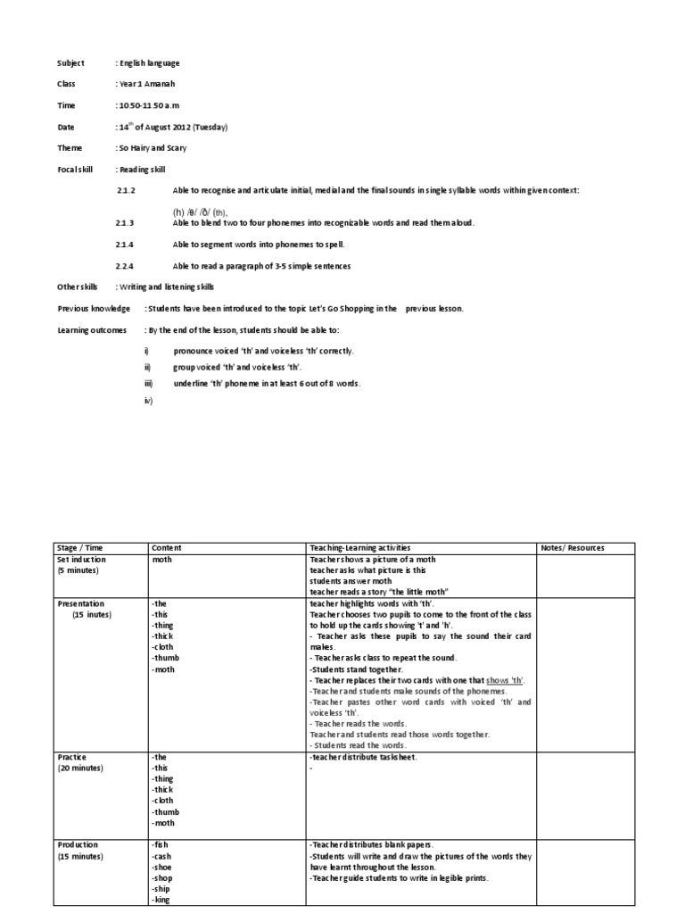 Lesson Plan Year 1 | PDF | Language Arts & Discipline | Foreign ...