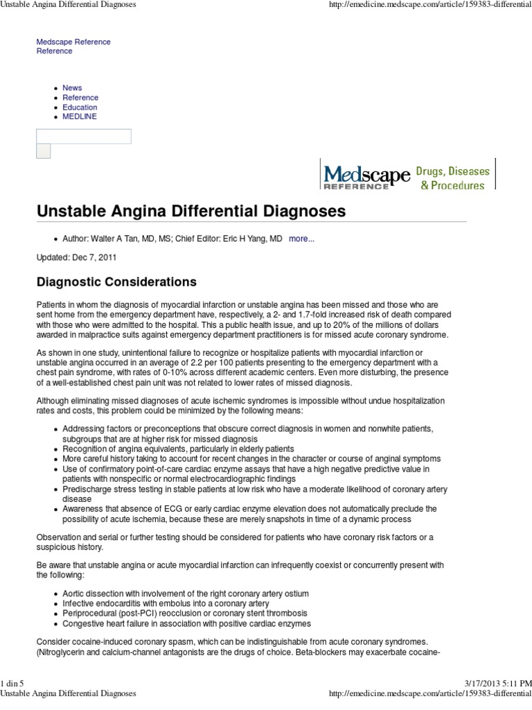 Unstable Angina Differential Diagnoses PDF Angina Pectoris Myocardial Infarction