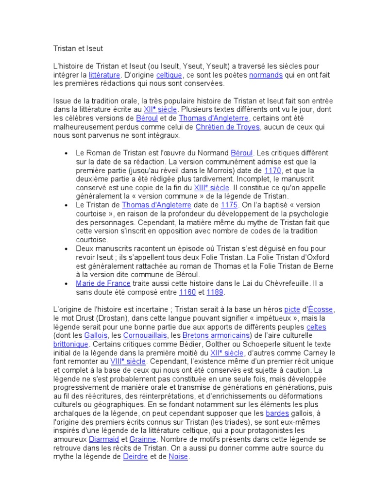 Résumé Tristan Et Iseut Chapitre Par Chapitre