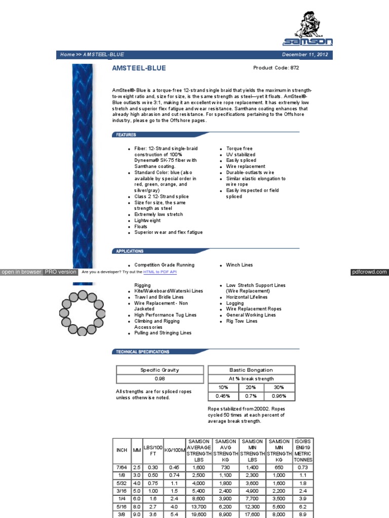 Amsteel Blue Specs PDF, PDF, Rope