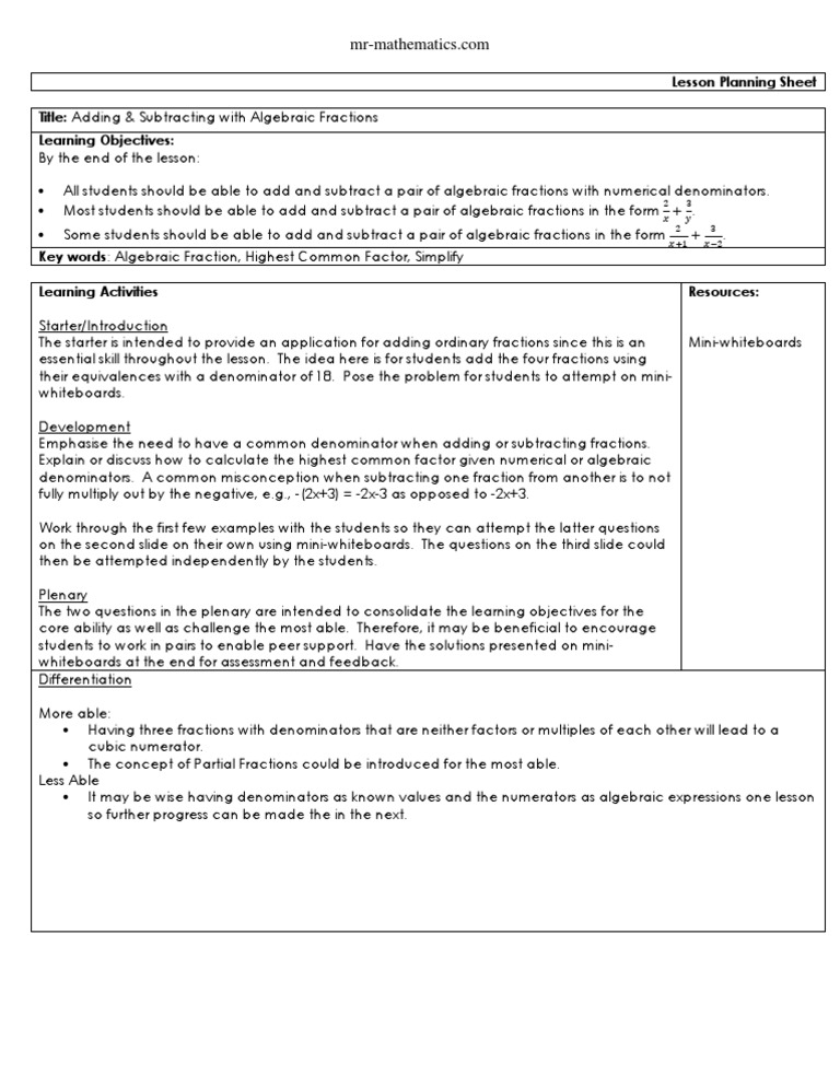 Algebraic Fractions Lesson Plan | PDF | Fraction (Mathematics) | Algebra