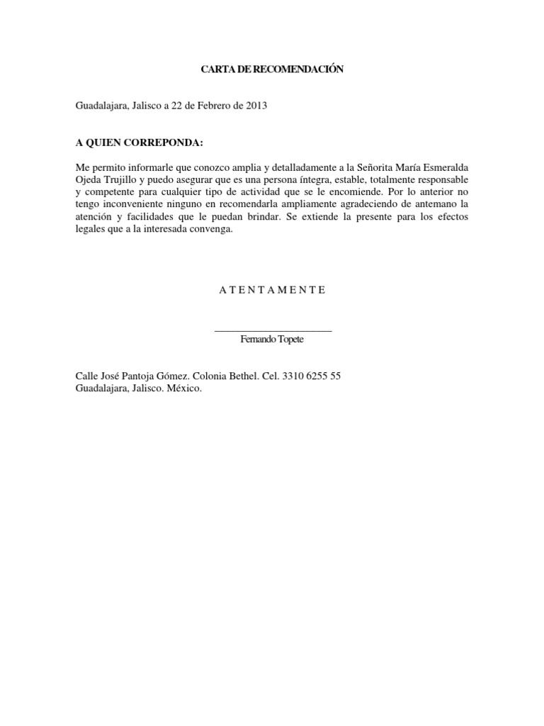 Formato De Carta De Recomendacion Docx