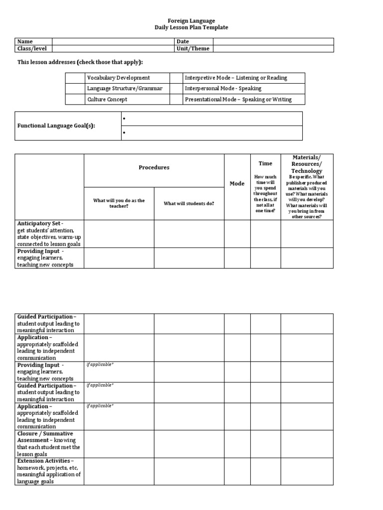 Foreign Language Lesson Plan Template Pdf