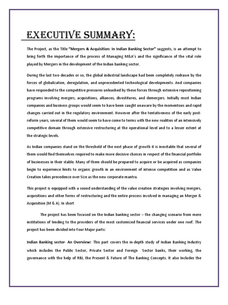 Executive Summary | Mergers And Acquisitions | Banks