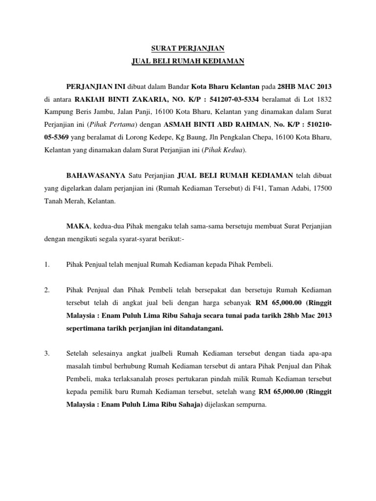 Surat Perjanjian Jual Beli Rumah Kediaman