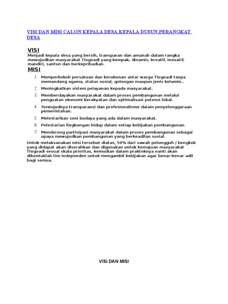 Visi Dan Misi Calon Kepala Desa