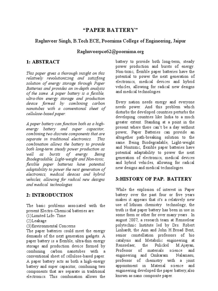 Synopsis On Paper Battery PDF Carbon Nanotube Battery (Electricity)