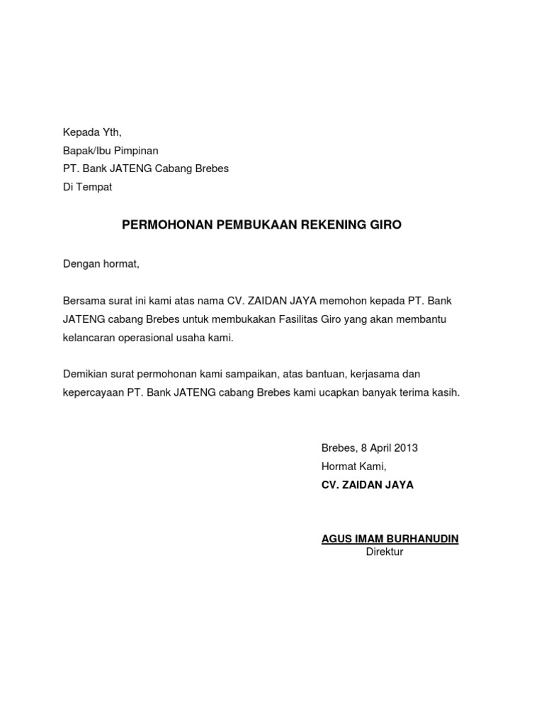 Contoh Surat Permohonan Pembukaan Rekening Giro - Surat 27