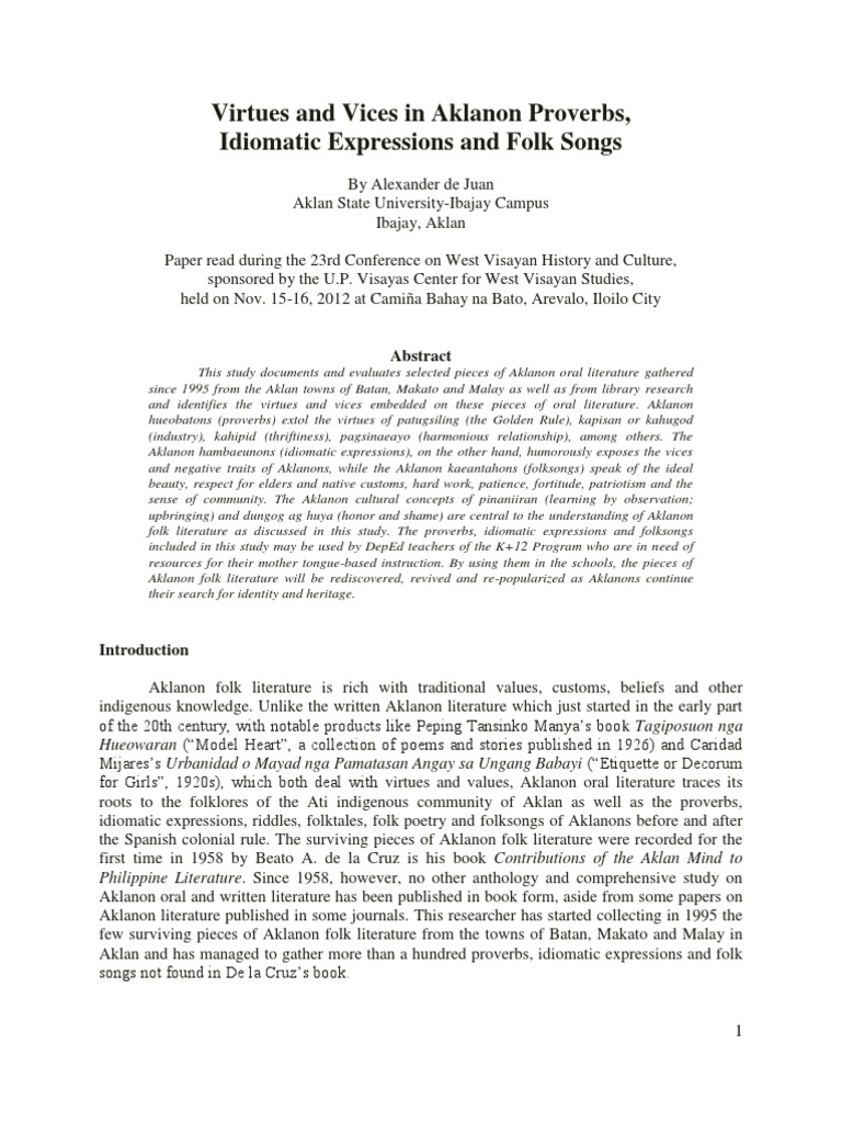 Aklanon Proverbs: Virtues and Vices | PDF | Folklore