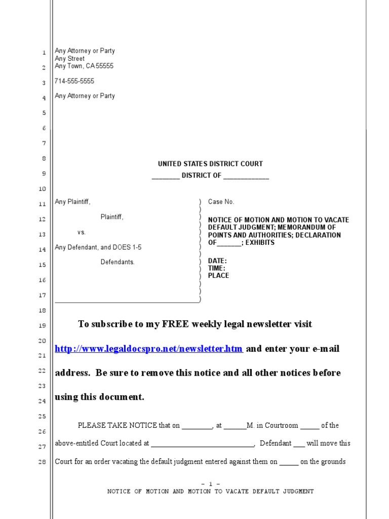 Sample motion to vacate default judgment under rule 60 b pdf