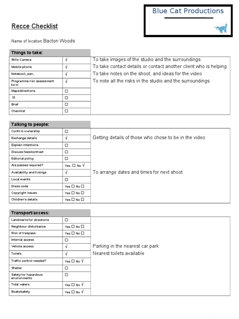 Recce Checklist: Blue Cat Productions | PDF