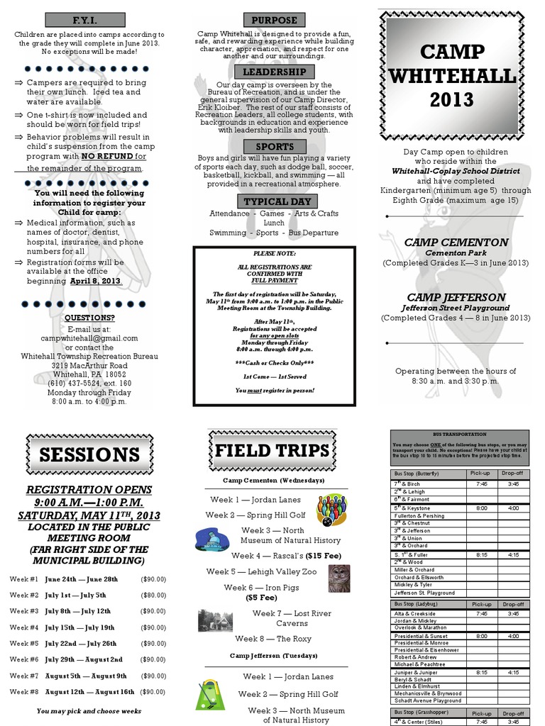 Whitehall Day Camp Registration 2013 | PDF | Leisure | Sports