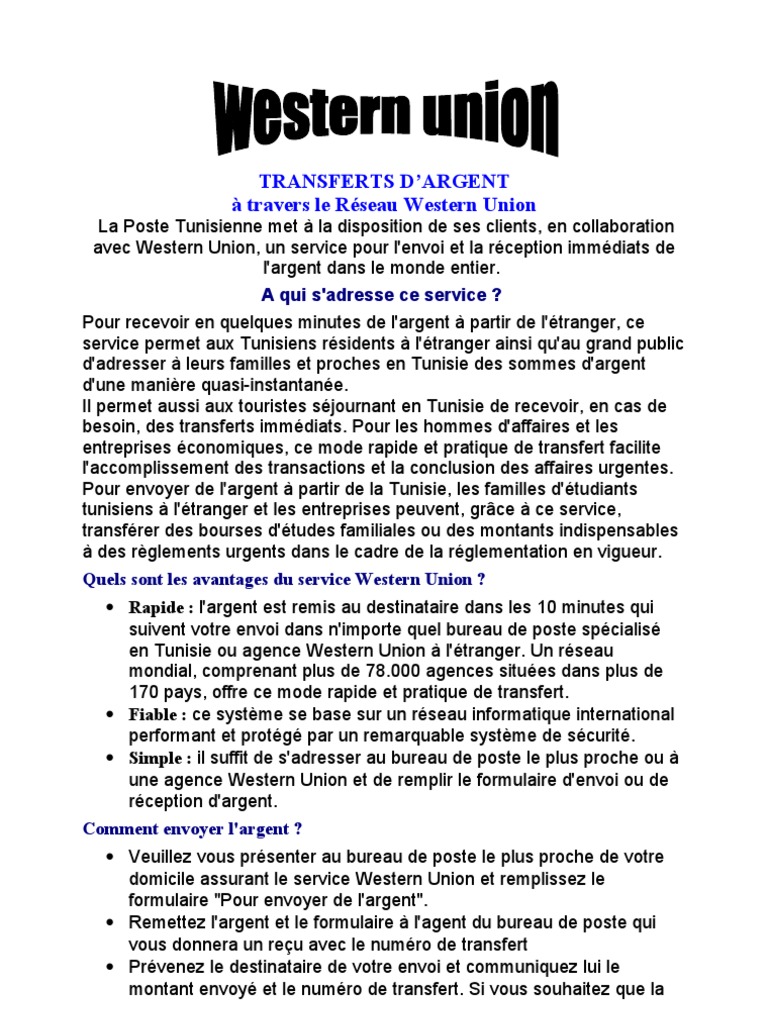 Telecharger Formulaire Western Union La Poste Pdf Western Union | PDF | Tunisie | Western union