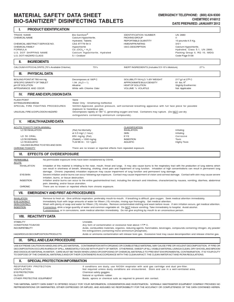 Chemicals Chlorination MSDS Tablets BioSanitizer Chlorine Burn