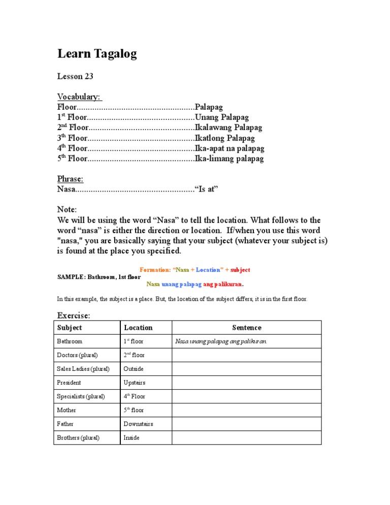 Tagalog Floor Vocabulary Lesson | PDF
