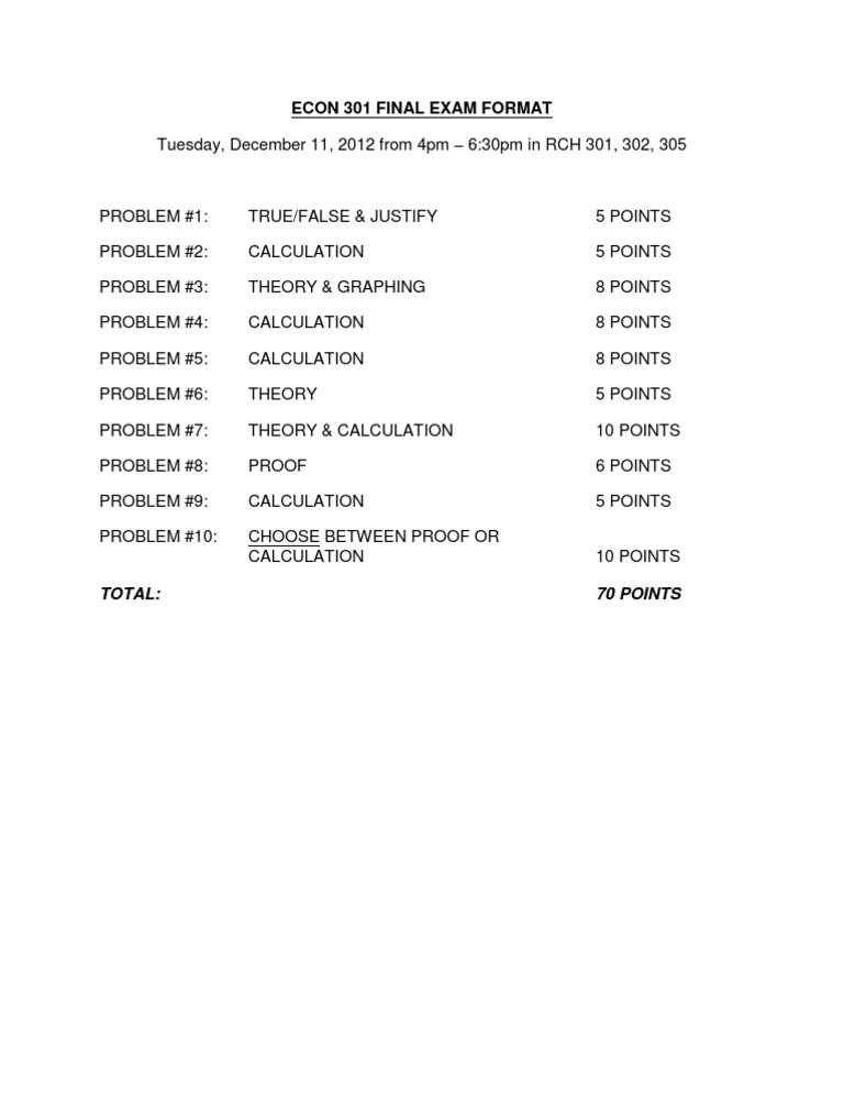Econ 301 Final Exam Format: Total: 70 Points | PDF