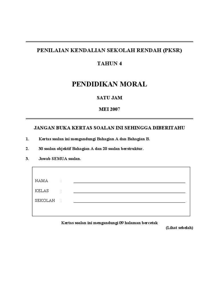 Soalan Pendidikan Moral Tahun 4