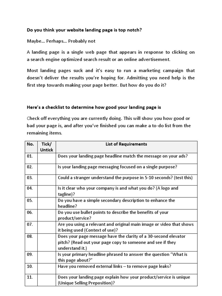 Landing Page Evaluation Checklist | PDF | Advertising | Computing