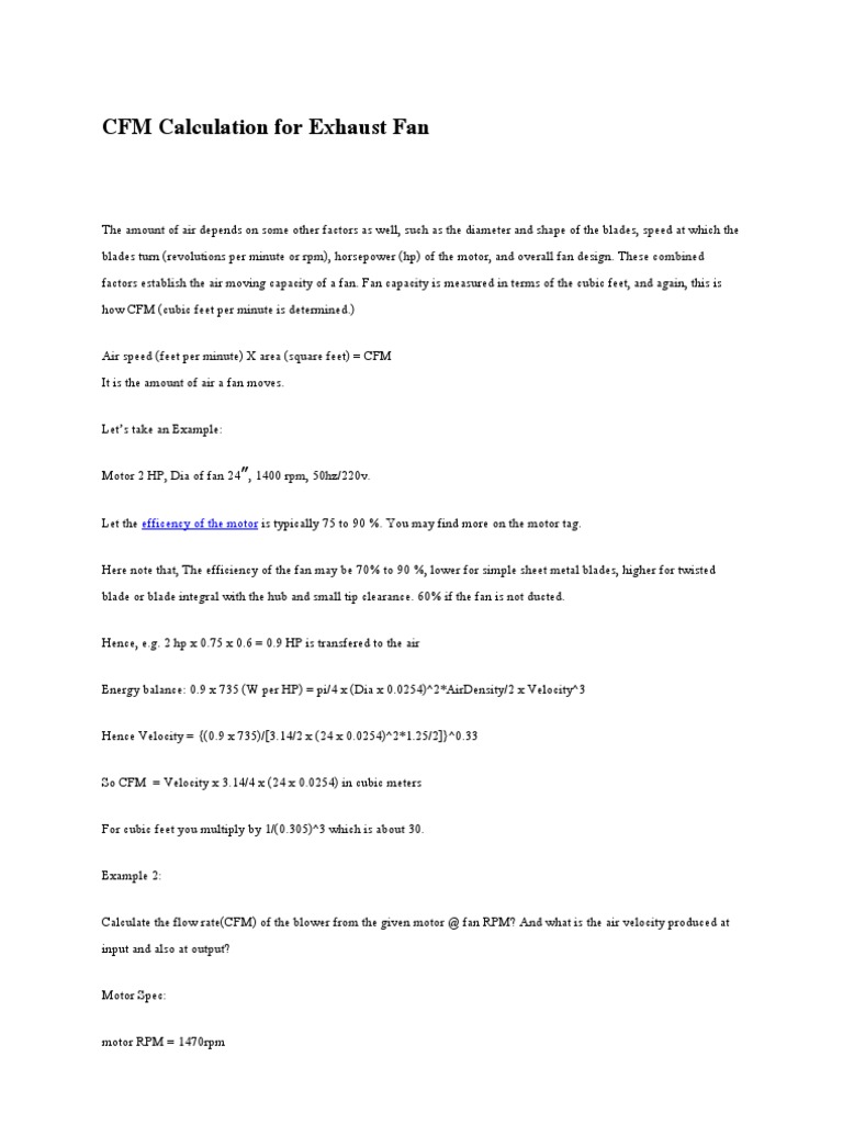 Cfm Calculation For Exhaust Fan Pdf Horsepower Mechanical Engineering
