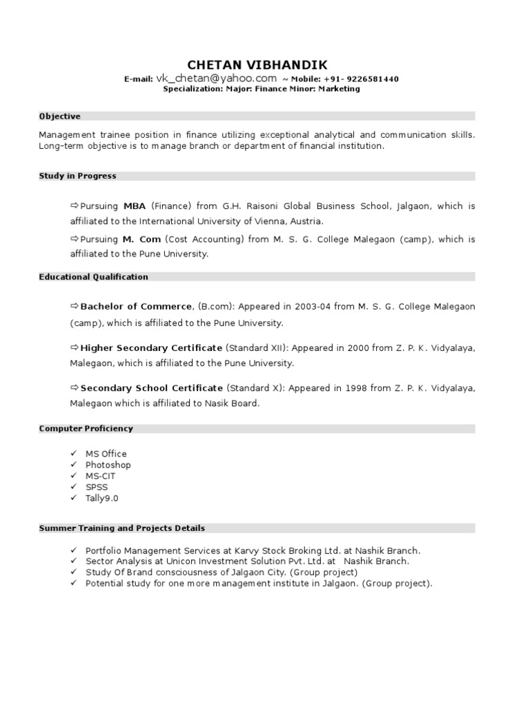 resume Pursuing Mba Resume Format new resume format for mba student by chetan vibhandik
