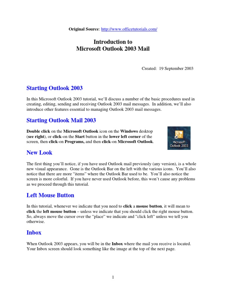 Outlook 2003 Mail Tutorial Guide | PDF | Career & Growth | Social Science