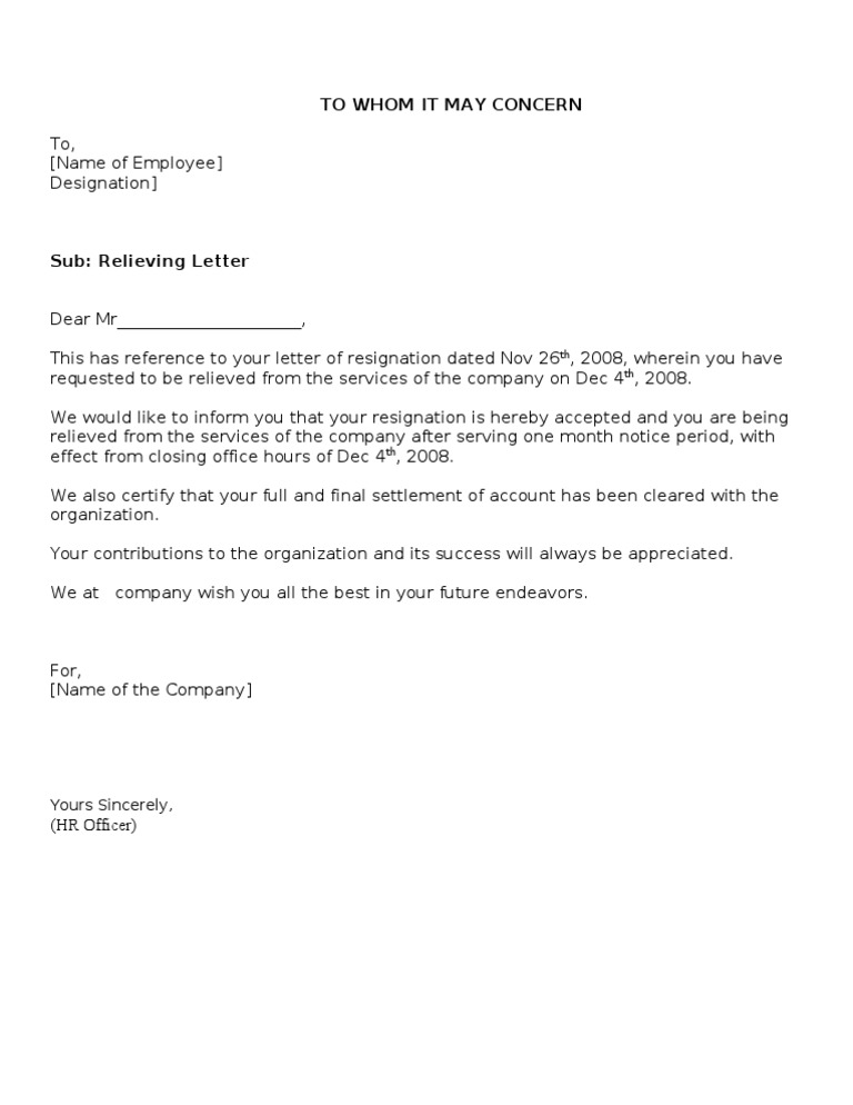 Relieving Letter for Employee Resignation | PDF | Finance & Money ...