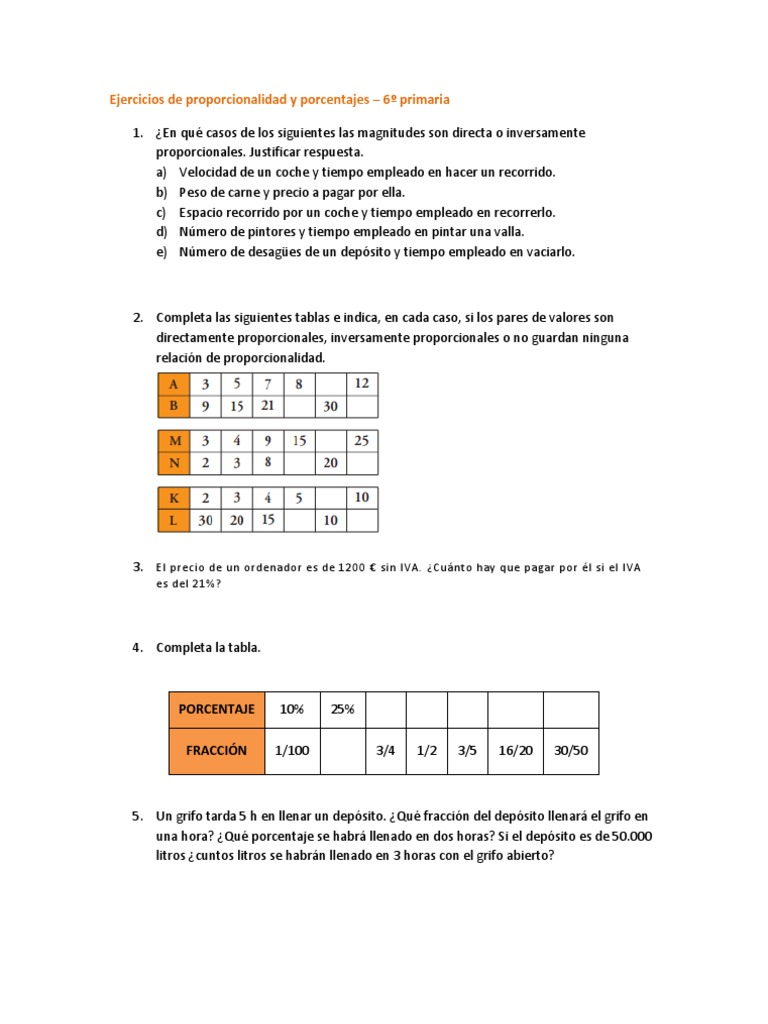 Ejercicios de proporcionalidad y porcentajes 6º primaria