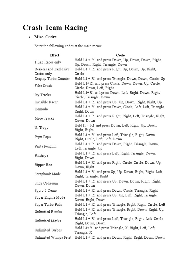 Crash Team Racing Misc. Codes PDF