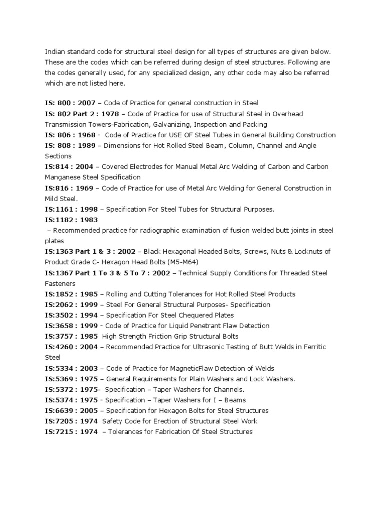 Indian Standards for Steel Design Codes | PDF | Welding | Construction