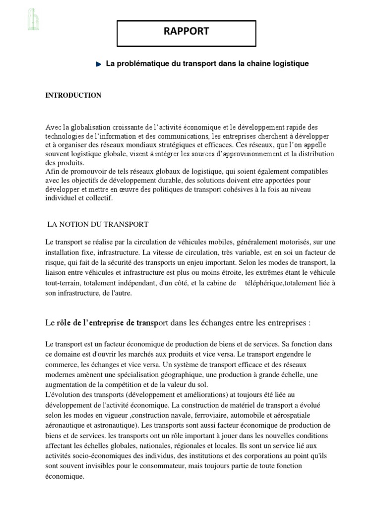 Rapport Problematique Du Transport Pdf Mode De Transport Transport